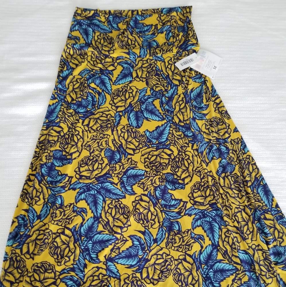 Lularoe Maxi Skirt Roses Dark Yellow Blue Med